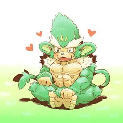  1:1 4_toes abs anthro doggiemonkey fangs feet fur generation_5_pokemon grass green_body green_eyes green_fur green_hair hair heart_symbol low_res male mammal muscular muscular_anthro muscular_male nintendo nipples open_mouth pecs plant pokemon pokemon_(species) primate simisage sitting solo teeth toes 