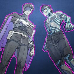  2boys black_hair blue_eyes brown_hair cape crossover demi-fiend devil_summoner_(series) full-body_tattoo gloves hat katana kuzunoha_raidou looking_at_viewer male_focus multiple_boys peaked_cap school_uniform shako_cap shin_megami_tensei shin_megami_tensei_iii:_nocturne short_hair shorts simple_background sword tattoo topless_male tori_(bromaticbrotrap) weapon yellow_eyes 