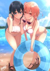  2girls beach bikini black_hair blue_eyes blush breasts cleavage collarbone day hand_in_own_hair highres innertube leaning_forward long_hair looking_at_viewer medium_breasts medium_hair multiple_girls ocean orange_hair outdoors red_eyes sandals shiina_aoi side-tie_bikini_bottom small_breasts smile sunglasses swim_ring swimsuit traditional_media unworn_eyewear white_bikini yahari_ore_no_seishun_lovecome_wa_machigatteiru. yuigahama_yui yukinoshita_yukino 