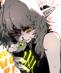  axehorn_(ssambatea) blood can female grey_hair highres holding holding_can horns looking_at_viewer monster_energy nosebleed original parted_lips pointy_ears ringed_eyes solo ssambatea sweat upper_body white_background yellow_eyes 