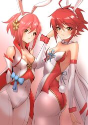  2girls animal_ears arms_behind_back artist_name ass bare_shoulders blush breasts brown_hair cleavage collarbone commentary covered_navel deekei fake_animal_ears fake_tail fire_emblem fire_emblem_fates fire_emblem_heroes gradient_background highleg highleg_leotard highres hinoka_(fire_emblem) leotard long_hair looking_at_viewer medium_breasts multiple_girls pantyhose parted_lips pink_hair rabbit_ears rabbit_tail red_eyes red_hair sakura_(fire_emblem) scarf short_hair siblings signature simple_background sisters sleeveless small_breasts tail white_pantyhose 