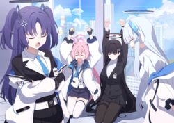  4girls ^_^ absurdres anger_vein arms_up black_gloves black_jacket black_pantyhose black_skirt blazer blue_archive blue_necktie breasts building closed_eyes crossed_arms crying fingerless_gloves gloves halo highres id_card indoors jacket koyuki_(blue_archive) lanyard large_breasts long_hair mechanical_halo multiple_girls necktie noa_(blue_archive) pantyhose pleated_skirt punishment rahy rio_(blue_archive) seiza seminar_(blue_archive) sitting skirt straight_hair teardrop thighhighs two_side_up very_long_hair white_jacket white_thighhighs yuuka_(blue_archive) 