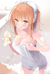  bathing breasts cleavage collarbone duplicate female hair_ribbon highres holding long_hair medium_breasts minato_shachiko naked_towel open_mouth orange_eyes orange_hair pixel-perfect_duplicate ribbon sachiiro_hanamizuki sasahara_wakaba soap_bubbles solo standing towel wet white_ribbon 