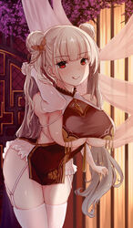  alternate_costume alternate_legwear arm_up azur_lane bare_shoulders bird black_dress blush breasts china_dress chinese_clothes cleavage commentary double_bun dress elbow_gloves female flower formidable_(azur_lane) gloves grey_hair hair_bun hair_ribbon highres huge_breasts long_hair looking_at_viewer purple_flower red_eyes rhineheim ribbon solo thighhighs thighs tongue tongue_out underboob very_long_hair white_gloves white_thighhighs 