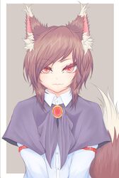  1boy absurdres alternate_hair_length alternate_hairstyle animal_ears black_capelet brooch brown_hair capelet cube85 genderswap_(ftm) highres imaizumi_kagerou jewelry looking_at_viewer male_focus oerba_yun_fang red_eyes rule_63 short_hair slit_pupils solo tail touhou wolf_ears wolf_tail 