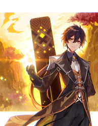  1boy arm_behind_back black_gloves blurry blurry_background brown_hair closed_mouth coattails collared_shirt commentary_request diamond-shaped_pupils diamond_(shape) earrings eyeliner eyeshadow formal genshin_impact gloves gradient_hair hair_between_eyes highres jacket jewelry kodama_yuu long_hair long_sleeves makeup male_focus multicolored_hair necktie orange_hair outdoors pants ponytail red_eyeshadow shirt single_earring solo stele suit symbol-shaped_pupils tassel tassel_earrings vest yellow_eyes zhongli_(genshin_impact) 