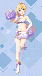  :d bare_shoulders blonde_hair blue_eyes boots breasts cheerleader cleavage collarbone crop_top female full_body girl_cafe_gun gold_trim hair_ribbon hand_on_own_hip highres holding holding_pom_poms juno_emmons kinako_(shiratama_mochi) large_breasts leg_up long_hair looking_at_viewer midriff miniskirt navel official_art open_mouth pom_pom_(cheerleading) ponytail ribbon single_sleeve skirt smile solo stomach thighs very_long_hair white_footwear 