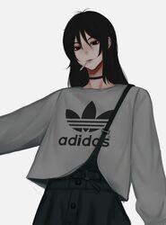  absurdres adidas arm_up black_choker black_hair buttons choker cigarette clothes_writing eyebrows female green_pants grey_shirt highres lips looking_at_viewer original overalls pants shirt simple_background smoking white_background zaki_(zaki_btw) 