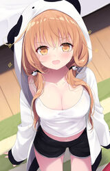  :d animal_hood black_shorts blush breasts brown_eyes brown_hair camisole cleavage collarbone duplicate female from_above hair_ornament hair_over_breasts highres hood hooded_jacket jacket large_breasts long_hair looking_at_viewer medium_breasts midriff minato_shachiko navel open_mouth orange_eyes orange_hair original panda_hair_ornament panda_hood pixel-perfect_duplicate rug sachiiro_hanamizuki sasahara_wakaba shirt short_shorts shorts sidelocks sleeveless sleeveless_shirt sleeves_past_wrists smile solo standing tank_top v-shaped_eyebrows white_background white_shirt wooden_floor 