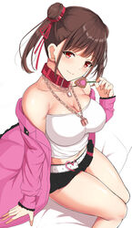  bare_shoulders belt black_shorts blush breasts brown_hair cleavage collar collarbone double_bun female hair_bun highres idolmaster idolmaster_shiny_colors jacket jewelry large_breasts long_sleeves looking_at_viewer necklace noeomi off_shoulder open_clothes open_jacket pink_jacket red_eyes short_shorts short_twintails shorts sitting smile solo sonoda_chiyoko tank_top thighs twintails white_tank_top 