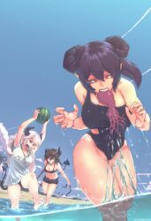  3girls barefoot beach bikini black_bikini black_horns black_one-piece_swimsuit black_sclera blue_sky bokken borrowed_character breasts broken_horn character_request chasing clothing_cutout colored_sclera commission day demon_girl demon_tail english_commentary fingernails food fruit highres horn_ornament horns large_breasts medium_breasts menace_(buff_weeaboo) misery-chan_(ehrrr) mouth_hold multiple_girls ocean octopus one-piece_swimsuit open_mouth original outdoors pointy_ears purple_eyes red_eyes sharp_fingernails sharp_teeth shirt short_ponytail side_cutout sky slit_pupils splashing swimsuit sword t-shirt tail teeth thick_thighs thighs tyrone vehemence_(buff_weeaboo) wading water watermelon weapon wet white_hair wooden_sword 