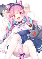  :d ahoge animal_ears blue_hair blue_hairband blue_nails blue_ribbon blue_sailor_collar blue_skirt braid breasts cat_ears cat_girl cat_tail claw_pose commentary_request faubynet feet_out_of_frame female frilled_sailor_collar frills hairband hands_up highres hololive jacket knees_up long_hair looking_at_viewer lying medium_breasts minato_aqua minato_aqua_(sailor) multicolored_hair nail_polish neko_(minato_aqua) official_alternate_costume on_back open_clothes open_jacket open_mouth pantyhose pink_hair pink_tail pleated_skirt purple_hair revision ribbon sailor_collar shirt simple_background skirt smile tail tail_ornament tail_ribbon thighband_pantyhose twin_braids twintails two-tone_hair very_long_hair virtual_youtuber white_background white_jacket white_pantyhose white_shirt 