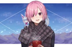  2021 animal_on_shoulder bangs black_jacket black_scarf blush breasts commentary_request cup eyebrows_visible_through_hair fate/grand_order fate_(series) female fou_(fate/grand_order) hair_over_one_eye holding holding_cup jacket large_breasts long_sleeves looking_at_viewer mash_kyrielight nerua open_mouth pink_hair plaid plaid_scarf portrait purple_eyes scarf short_hair smile steam upper_teeth 