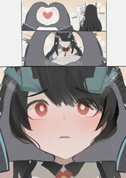  1other absurdres arknights bare_shoulders black_gloves black_hair blush bright_pupils dakimakura_(object) doctor_(arknights) dragon_horns dusk_(arknights) emphasis_lines female gloves hair_over_one_eye heart heart_hands highres horns long_hair looking_at_viewer necktie nian_(arknights) out_of_frame panties pillow pov pov_hands red_eyes red_necktie snoot_challenge twitter_username underwear very_long_hair wawamachi_(wawamachis) white_panties 