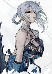  bandages bare_shoulders black_gloves braid breasts cleavage cropped_torso detached_sleeves female flower gloves grey_hair hair_flower hair_ornament hand_up kaine_(nier) large_breasts lingerie negligee nier nier_(series) orange_eyes parted_lips simple_background smile solo teeth underwear walzrj white_background 