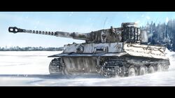  caterpillar_tracks day english_commentary forest highres kk90 letterboxed military military_vehicle motor_vehicle nature no_humans original outdoors sky snow snowing tank tiger_i tree vehicle_focus 