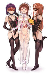  3girls bare_shoulders bondage bondage bondage_outfit bound bra bridal_veil bride brown_eyes brown_hair chinese_commentary commentary dominatrix dress elbow_gloves femdom flower full_body girl_sandwich gloves high_heels highres holding holding_leash leash long_hair looking_at_viewer mask md5_mismatch multiple_girls navel nontraditional_wedding_dress open_mouth original panties revealing_clothes rose sandwiched stomach strapless thighhighs underwear veil wedding_dress white_dress white_flower white_gloves white_rose white_thighhighs yewang19 yu_xuan_(yewang19) yuri 