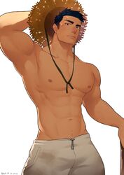  1boy abs adjusting_clothes adjusting_headwear bara black_eyes black_hair bulge dirty dirty_clothes expressionless eyebrow_cut facial_hair feet_out_of_frame glasses goatee_stubble groin hat hidora_art highres large_pectorals looking_at_viewer male_focus muscular muscular_male navel nipples no_male_underwear original pants pectorals short_hair sideburns solo sparse_navel_hair sparse_stubble standing stomach straw_hat stubble sunlight thick_eyebrows thighs topless_male v-taper white_background white_pants 