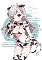  2021 animal_ears animal_print arm_warmers bad_id bad_twitter_id banirou bell bikini black_bikini blue_eyes blush braid breasts chinese_zodiac cow_ears cow_horns cow_print cow_tail cowbell dated fake_animal_ears female grey_hair highleg highleg_bikini highres hisakawa_hayate horns idolmaster idolmaster_cinderella_girls idolmaster_cinderella_girls_starlight_stage long_hair medium_breasts new_year one_eye_closed simple_background skirt solo swimsuit tail thighhighs year_of_the_ox 