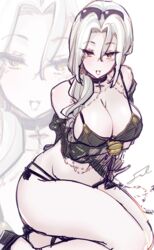  blush breasts carmilla_(fate) carmilla_(swimsuit_rider)_(fate) carmilla_(swimsuit_rider)_(third_ascension)_(fate) cleavage eyewear_on_head fate/grand_order fate_(series) female fue_(rhomphair) full_body highres kneeling large_breasts open_mouth signature yellow_eyes 