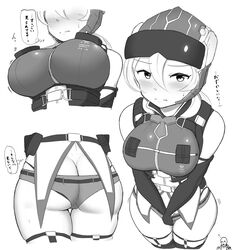  1boy alien ass blush breasts butt_crack covering_crotch covering_privates earth_defence_force_5 earth_defense_force elbow_gloves embarrassed female gloves greyscale helmet large_breasts maku_ro monochrome short_shorts shorts thick_thighs thighhighs thighs translated white_background wing_diver 