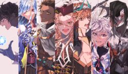  6+boys absurdres arabian_clothes aristocratic_clothes arjuna_(fate) ascot bare_pectorals bare_shoulders bishounen blonde_hair blood blood_on_weapon breasts brown_hair brynhildr_(fate) cape claws cloak column_lineup dark-skinned_male dark_skin ear_piercing earrings egyptian_clothes fate/grand_order fate/prototype fate/prototype:_fragments_of_blue_and_silver fate_(series) feather_hair_ornament feathers female fighting_stance formal from_side gauntlets gilgamesh_(caster)_(fate) gilgamesh_(fate) gloves green_eyes grey_hair hair_between_eyes hair_ornament hair_over_one_eye half_mask high_collar highres holding holding_staff holding_weapon jewelry long_hair long_sleeves looking_at_viewer mask merlin_(fate) mizuki_(mz) multiple_boys open_mouth ozymandias_(fate) parted_bangs pectorals phantom_of_the_opera_(fate) piercing polearm purple_eyes purple_headwear red_eyes short_hair smile staff textless_version toned toned_male upper_body very_long_hair weapon white_ascot white_cape white_cloak white_gloves white_hair wolfgang_amadeus_mozart_(fate) yellow_eyes 