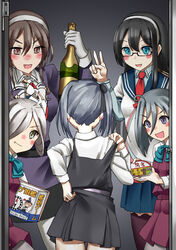  5girls ahoge asashimo_(kancolle) ashigara_(kancolle) ashigara_kai_ni_(kancolle) black_hair blue_eyes blue_sailor_collar bottle box brown_eyes commentary_request cowboy_shot dress drunk from_behind glasses grey_eyes grey_hair grey_legwear hair_between_eyes hair_over_one_eye hairband halterneck kantai_collection kasumi_(kancolle) kasumi_kai_ni_(kancolle) kiyoshimo_(kancolle) long_hair long_sleeves majokko_(kancolle) mayura_(lucadia) military military_uniform multiple_girls necktie oerba_yun_fang ooyodo_(kancolle) pantyhose pinafore_dress purple_dress rashinban_musume red_necktie sailor_collar school_uniform serafuku shirt side_ponytail sleeveless sleeveless_dress standing uniform v white_hairband white_shirt 