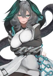  absurdres arknights arms_under_breasts black_pantyhose breasts collar dress female green_eyes grey_hair head_wings highres ho&#039;olheyak_(arknights) infection_monitor_(arknights) large_breasts long_hair long_sleeves open_clothes pantyhose parted_lips simple_background sinoda sitting smile solo tail white_background white_dress wings 