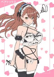  asymmetrical_bangs beatrix_(granblue_fantasy) black_bow black_ribbon blush_stickers border bow breasts brown_hair choker cleavage collarbone commentary cowboy_shot criss-cross_halter duster female garter_belt granblue_fantasy green_eyes halterneck heart heart_background holding holding_duster ll_0109 looking_at_viewer maid_headdress medium_breasts navel outside_border ponytail ribbon ribbon-trimmed_panties solo squiggle sweatdrop symbol-only_commentary thighhighs white_bow white_ribbon 