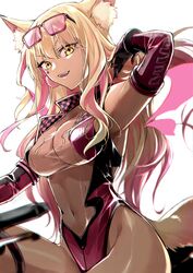  animal_ears bare_shoulders black_leotard blonde_hair blush breasts cleavage covered_navel dark-skinned_female dark_skin elbow_gloves energy_wings fate/grand_order fate_(series) female fox_ears fox_girl fox_tail gloves gradient_hair highleg highleg_leotard highres kino_kokko large_breasts leotard long_hair looking_at_viewer multicolored_hair open_mouth pink_gloves pink_hair pink_leotard race_queen see-through see-through_cleavage sidelocks smile solo suzuka_gozen_(fate) suzuka_gozen_(swimsuit_rider)_(fate) suzuka_gozen_(swimsuit_rider)_(first_ascension)_(fate) tail tan thighs yellow_eyes 