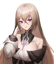  absurdres bad_id bad_pixiv_id bare_shoulders black_survival blonde_hair breasts brown_hair cleavage collarbone commentary detached_collar dress eternal_return:_black_survival eva_(black_survival) female hair_between_eyes hand_in_own_hair hand_up highres korean_commentary large_breasts long_hair long_sleeves looking_at_viewer low_neckline mea_(hwaksal) off-shoulder_dress off_shoulder parted_lips purple_eyes red_pupils simple_background solo straight_hair two-tone_dress underbust upper_body very_long_hair white_background 