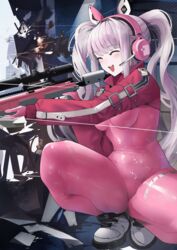  :d ^_^ absurdres alice_(nikke) animal_ear_headphones animal_ears blush bodysuit breasts closed_eyes clothes_writing dot_nose eyelashes fake_animal_ears female firing gloomyowl goddess_of_victory:_nikke gun hair_intakes happy_state headphones headset highres holding holding_gun holding_weapon impossible_bodysuit impossible_clothes jacket latex latex_bodysuit long_hair looking_at_viewer medium_breasts open_mouth pink_bodysuit pink_eyes pink_headphones red_jacket rifle shiny_clothes shrug_(clothing) skin_tight smile solo standing thighs twintails weapon white_background white_hair 