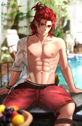  1boy closed_mouth day esther_shen fantasy fruit_basket granblue_fantasy large_pectorals looking_at_viewer male_focus muscular muscular_male official_alternate_costume open_clothes open_shirt pectorals percival_(granblue_fantasy) percival_(summer)_(granblue_fantasy) red_eyes red_hair shorts sitting smile solo water 