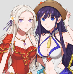  2girls altina_(fire_emblem) altina_(summer)_(fire_emblem) blue_eyes blush breasts casual_one-piece_swimsuit cleavage edelgard_von_hresvelg edelgard_von_hresvelg_(summer) fire_emblem fire_emblem:_radiant_dawn fire_emblem:_three_houses fire_emblem_heroes flower frilled_one-piece_swimsuit frills grey_background hair_flower hair_ornament hair_ribbon hat highres large_breasts long_hair looking_at_viewer multiple_girls navel official_alternate_costume one-piece_swimsuit open_mouth peach11_01 plumeria purple_eyes purple_hair red_one-piece_swimsuit ribbon simple_background smile swimsuit twitter_username very_long_hair white_hair 