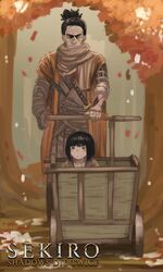  2boys black_hair cart closed_mouth collagen highres japanese_clothes katana kozure_ookami kuro_the_divine_heir multiple_boys parody prosthesis prosthetic_arm scarf sekiro sekiro:_shadows_die_twice sword topknot tree weapon 