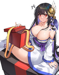  absurdres black_hair blush box breasts cleavage collarbone colored_inner_hair detached_sleeves female flower_knot gift gift_box hair_ornament highres huge_breasts japanese_clothes kimono long_hair long_sleeves looking_at_viewer mochizuki_chiyome multicolored_hair nail_polish obi panties panty_peek pout red_eyes ribbon sash sitting solo thighhighs thighs underwear vierzeck white_background 