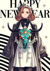  absurdres animal_print animal_skull breasts brown_eyes brown_hair chinese_zodiac cleavage cleavage_cutout closed_mouth clothing_cutout coat coat_on_shoulders cow_print dress earrings female floating floating_object gloves glowing glowing_eyes happy_new_year hat highres jewelry kusano_shinta looking_at_viewer medium_hair mole mole_on_breast necklace new_year open_hands original skull solo star_(symbol) turtleneck white_dress white_gloves year_of_the_ox 