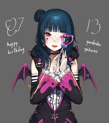  :d bad_id bad_twitter_id black_choker black_jacket blue_hair blunt_bangs character_name choker commentary_request detached_sleeves earrings facial_mark female fingernails frilled_sleeves frills grey_background hair_bun happy_birthday heart_wand holding holding_wand jacket jewelry long_hair long_sleeves looking_at_viewer love_live! love_live!_sunshine!! mini_wings nail_polish one_eye_closed open_mouth own_hands_together pink_eyes pink_nails ring simple_background single_hair_bun single_side_bun smile solo star_(symbol) star_facial_mark terupancake tsushima_yoshiko upper_body wand wings 