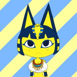  1:1 animal_crossing ankha_(animal_crossing) anthro big_breasts blue_hair breasts cleavage clothed clothing domestic_cat felid feline felis female hair hi_res looking_at_viewer mammal nintendo nipple_outline simple_background solo supermoonshroom uraeus yellow_body 