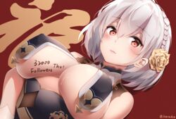  artist_name azur_lane bare_shoulders braid breast_curtains breasts cleavage closed_mouth covered_nipples female flower french_braid gold_trim hair_flower hair_ornament haruka_poi highres large_breasts looking_at_viewer milestone_celebration no_bra official_alternate_costume red_eyes short_hair sirius_(azur_lane) sirius_(azure_horizons)_(azur_lane) sleeveless smile solo twitter_username upper_body white_hair 