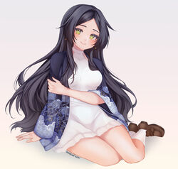  asahina_chie black_hair blush breasts bright_pupils brown_footwear closed_mouth commentary commission dated dress earrings english_commentary female full_body green_eyes head_tilt highres indie_virtual_youtuber jewelry long_hair long_sleeves looking_at_viewer medium_breasts signature simple_background sitting smile socks solo temachii very_long_hair virtual_youtuber white_background white_dress white_pupils white_socks wide_sleeves yokozuwari 