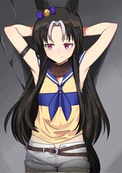  against_wall air_shakur_(umamusume) air_shakur_(umamusume)_(cosplay) animal_ears arm_belt armpits arms_behind_head belt black_hair blue_neckerchief blue_sailor_collar blue_shirt bow commentary cosplay crack cracked_wall ear_bow female fukuro_(maruaru00) genderswap_(mtf) grey_hair hair_intakes highres horse_ears horse_girl long_hair midriff_peek neckerchief original personification pink_eyes purple_bow rule_63 sailor_collar shirt short_shorts shorts sidelocks sleeveless sleeveless_shirt smile solo stay_gold_(racehorse) tail two-tone_shirt umamusume white_shorts yellow_shirt 