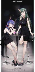  2girls absurdres alver arknights arm_up armpit_crease artist_name black_dress black_footwear blue_hair breasts ch&#039;en_(arknights) checkered closed_mouth commentary copyright_name cup dragon_horns dress drinking_glass full_body green_eyes green_hair hair_between_eyes hand_on_own_face hand_up head_rest high_heels highres holding holding_cup horns hoshiguma_(arknights) large_breasts legs light_particles long_hair looking_at_viewer multiple_girls open_mouth parted_lips pink_eyes sandals shoes single_horn sitting sleeveless sleeveless_dress standing standing_on_one_leg stool table toes unworn_sandals 