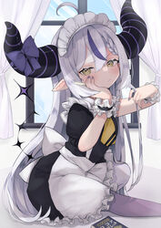  absurdres ahoge alternate_costume apron black_dress blush bow braid braided_bun closed_mouth curtains demon_horns dress enmaided female frilled_apron frills grey_hair hair_between_eyes hair_bun hand_on_own_cheek hand_on_own_face highres holding holding_own_hair hololive horns la+_darknesss long_hair maid maid_headdress multicolored_hair nail_polish nemuta_muu oerba_yun_fang pantyhose pointy_ears puffy_short_sleeves puffy_sleeves purple_bow purple_hair purple_nails short_sleeves sideways_glance single_sleeve sitting skin_fang solo streaked_hair tail tail_bow tail_ornament tail_raised very_long_hair virtual_youtuber white_apron window wrist_cuffs yellow_eyes 