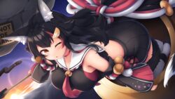  absurdres animal_ear_fluff animal_ears back bare_shoulders bell black_hair black_shirt black_skirt blush breasts collar cropped_shirt detached_sleeves female flipped_hair getting_over_it hair_between_eyes hair_ornament hairclip highres hololive jingle_bell large_breasts long_hair looking_at_viewer midriff multicolored_hair necktie one_eye_closed ookami_mio ookami_mio_(1st_costume) open_mouth pleated_skirt red_hair red_necktie sailor_collar sailor_shirt shirt side_slit sidelocks skirt sky solo star_(sky) starry_sky streaked_hair sweat tail tail_around_own_leg tail_wrap thighhighs tousaki_(tousakiworks) very_long_hair virtual_youtuber wolf_ears wolf_girl wolf_tail yellow_eyes zettai_ryouiki 