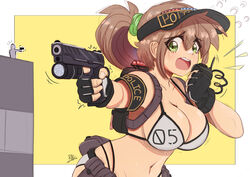  1boy armband backpack bag bikini black_gloves breasts brown_hair english_commentary female fingerless_gloves giant giantess gloves green_eyes green_scrunchie gun hair_ornament hair_scrunchie handgun holding holding_gun holding_weapon large_breasts long_hair navel open_mouth original police police_uniform policewoman ponytail radio raps_(yohomeboyraps) scrunchie size_difference solo_focus swimsuit uniform visor_cap walkie-talkie weapon white_bikini 