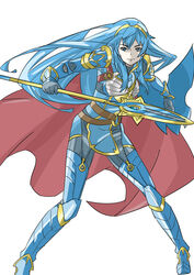  armor blue_armor blue_eyes blue_hair cape closed_mouth female fire_emblem fire_emblem_awakening fire_emblem_heroes floating_hair gloves grey_gloves highres holding holding_polearm holding_weapon legs_apart long_hair lucina_(brave_princess)_(fire_emblem) lucina_(fire_emblem) polearm pretty-purin720 simple_background solo spear standing tiara very_long_hair weapon white_background 