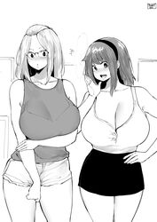  2girls bangs_pinned_back bare_shoulders blush borrowed_character bra bra_visible_through_clothes breasts cleavage collarbone commentary cowboy_shot crossover curvy english_commentary folded_hair glasses greyscale hair_pulled_back hairband hand_on_own_hip highres holding_own_arm huge_breasts inne_sulistya_robin long_hair miniskirt monochrome multiple_girls norman_maggot open_hand open_mouth original rina_atherina see-through short_shorts shorts skirt standing sweatdrop talking tank_top thighs underwear 