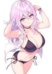  armpits arms_up bare_arms bare_shoulders bikini black_bikini black_choker breasts choker cleavage closed_mouth cowboy_shot cu-no female halterneck hand_in_own_hair highres hisen_kaede large_breasts long_hair looking_at_viewer navel open_clothes open_vest pink_eyes pink_hair side-tie_bikini_bottom simple_background smile solo standing stomach string_bikini swimsuit thighs vest white_background white_vest wing_collar yayoi_sakura 