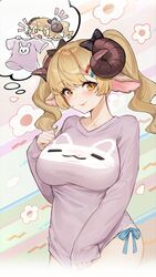  1girls :3 blonde_hair blush bows bunny ewe game_cg isekai_slow_life looking_at_viewer ram_girl ram_horn ram_horns sheep sheep_girl sheep_horns sheep_humanoid susie_(isekai_slow_life) twintails wholesome yellow_eyes 